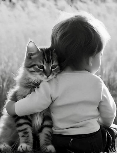 Black and white photo of a child holding a cat. Cremation Ash Jewelry and love that creates a forever bond.
