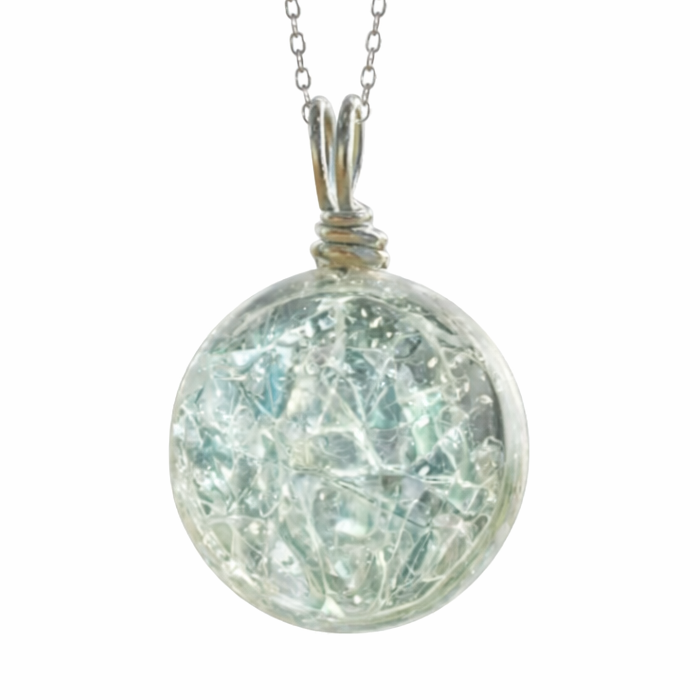 Crystal ball pendant necklace on a white background