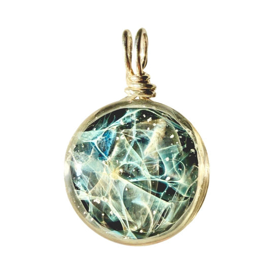 Round pendant with a black handmade glass  pendant wrapped in sterling silver with metal latch.