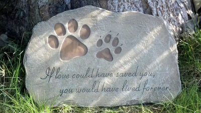 Decorative stone with paw prints and engraved text in a natural setting representing the love of pet memorial 
